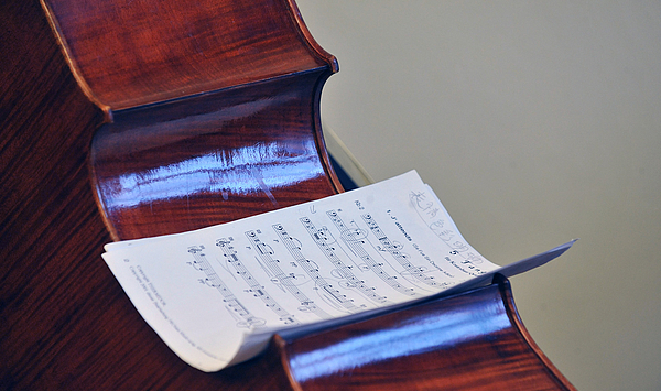 Das Bild zeigt ein Notenblatt auf einem Instrument. 