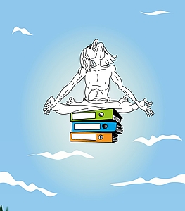 The image shows a drawing of a man sitting cross-legged.