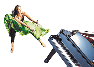 The picture shows a woman hovering over a concert grand piano. 