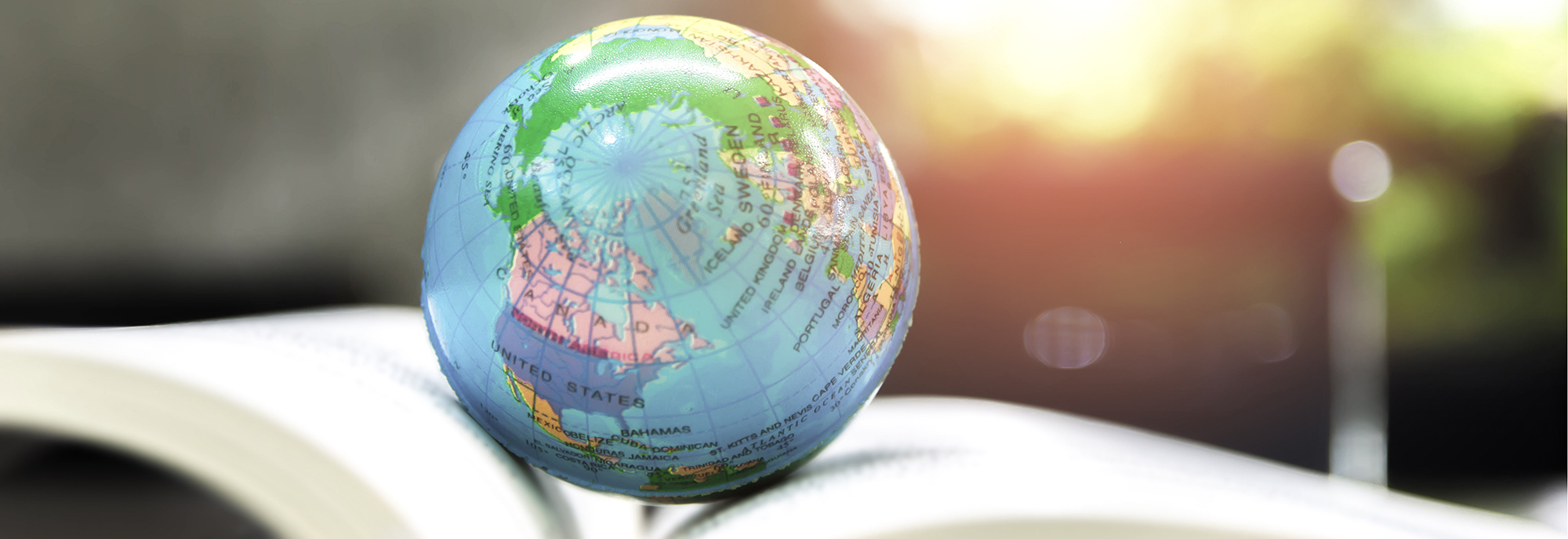 The image shows a globe on a book.