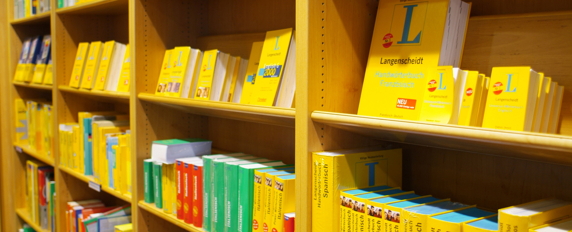 Das Bild zeigt Wörterbücher in einem Regal.