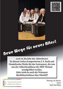 Die Akkordeonklasse mit J.S. Bach, darunter die Daten für das Semesterabschlusskonzert