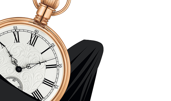 Auf dem Bild sieht man eine Taschenuhr und schwarze Fledermausflügel. 