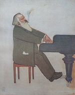 [Translate to English:] Brahms an einem Flügel (Zeichnung)