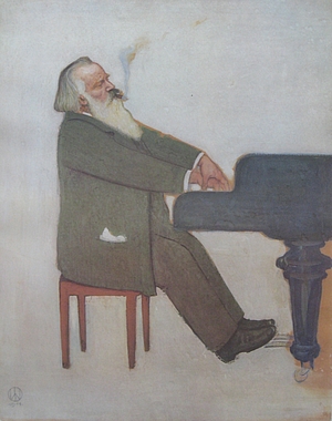 Brahms sitzend an einem Flügel (Zeichnung)